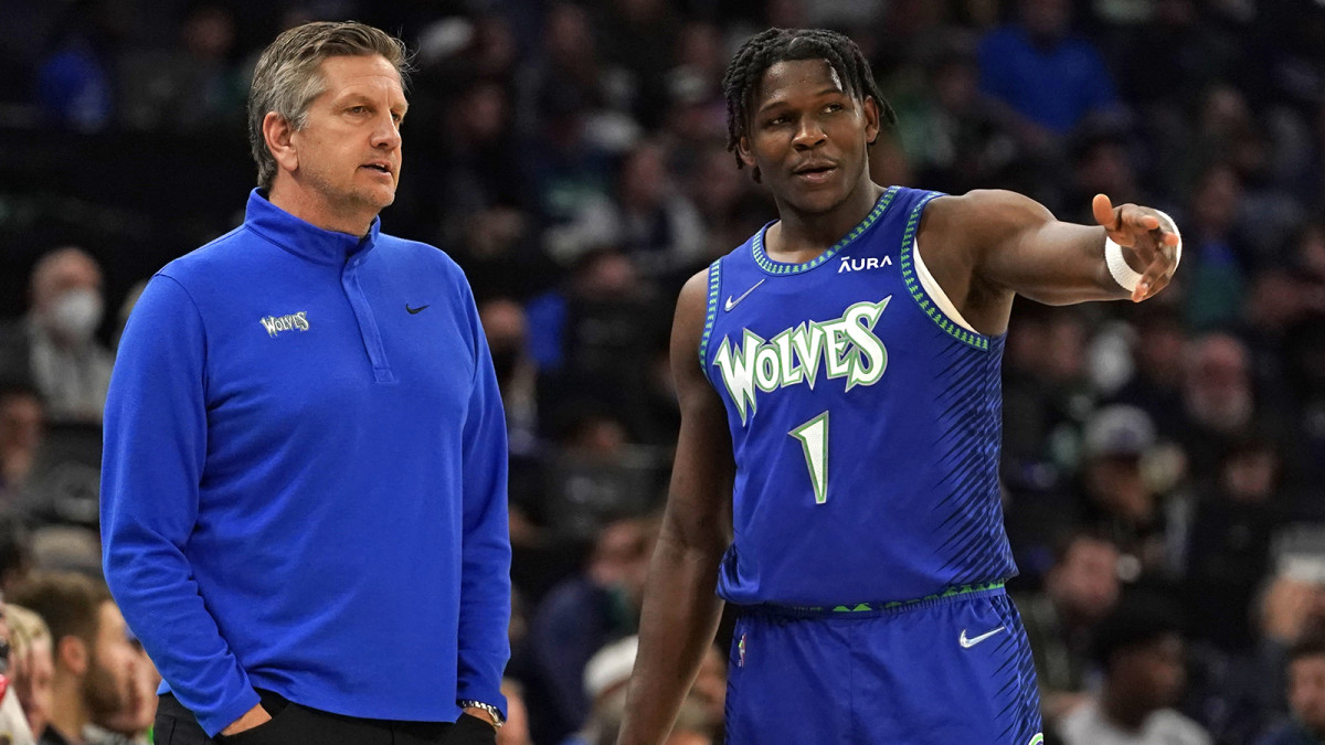 Minnesota Timberwolves head coach Chris Finch and guard Anthony Edwards.
